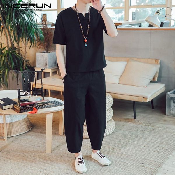 

2020 summer men vintage sets v neck solid color suits loose short sleeve cotton long bottoms chinese style men retro sets 71, Gray