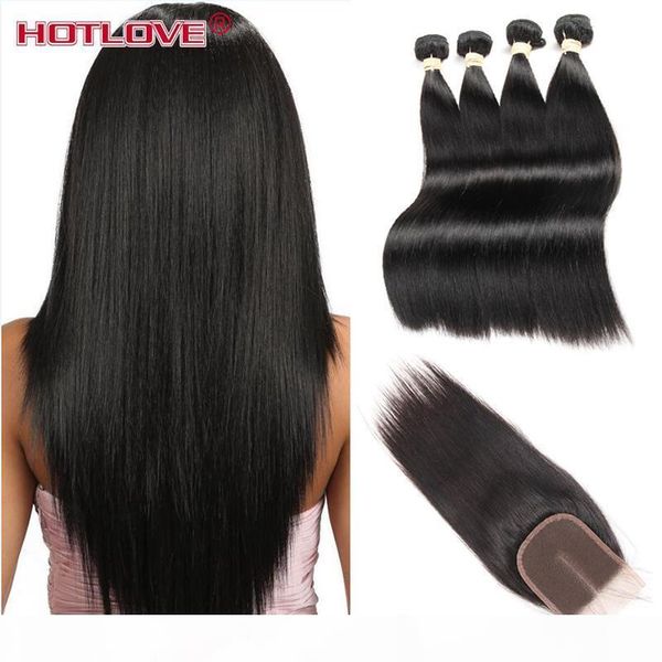 

4 bundles with closure straight virgin malaysian hair 100% unprocessed human hair extensions natural black malaysia virgin closure, Black;brown