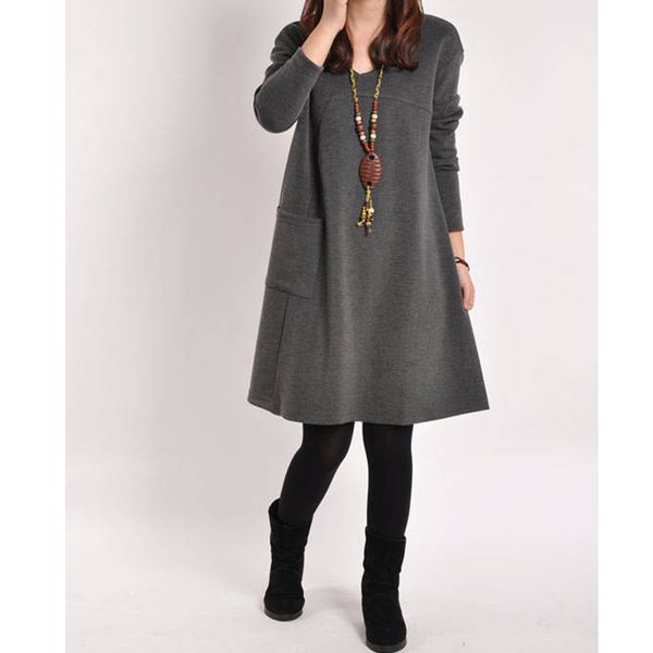 

2020 autumn dress women winter long sleeve pocket dress solid o neck casual loose party dresses fashion vestidos plus size s-4xl, Black;gray