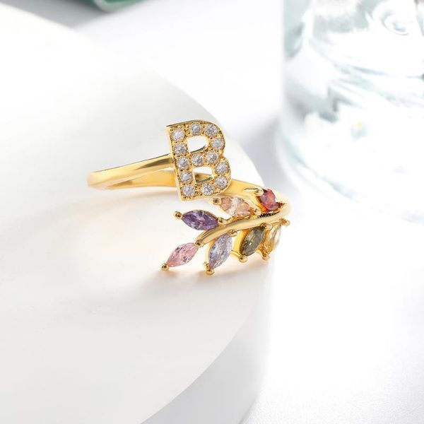 

color crystal leaf zircon ring for women gold initial a-z 26 letter ring jewelry men's charm christmas gift adjustable1, Golden;silver