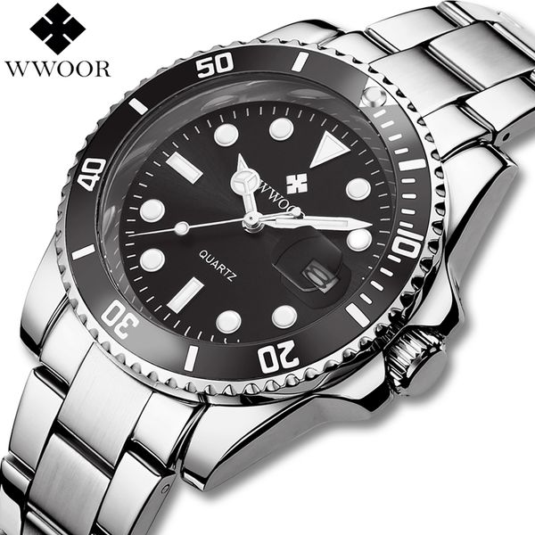 

WWOOR Mens Watches Quartz Analog Date Luminous Waterproof Silver Stainless Steel Male Wrist Watch Relogio Masculino