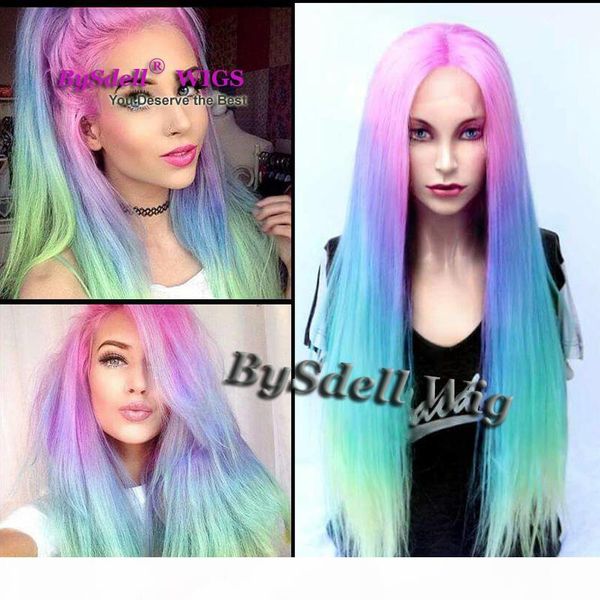 

premium beauty lady pastel pink blue purple green colorful rainbow hair front lace wig synthetic anime cosplay lace front wigs, Black