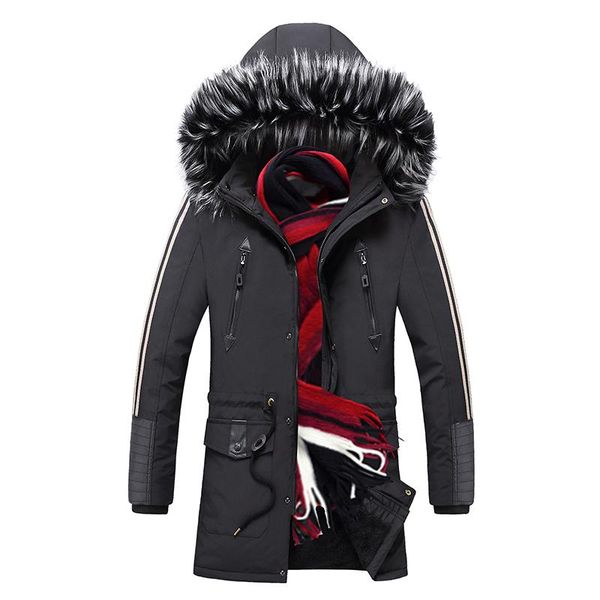 

warm men parkas coats winter new mens fur collar hooded parka jackets thick male casual outwear overcoats long casacos masculino, Black