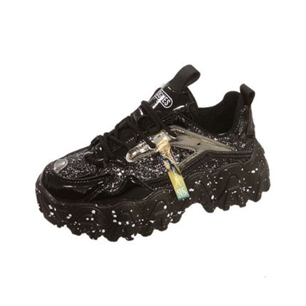 

2021 new spring chunky fashionable bling sequins lacquer women's shaping shoes aeuo, Black;white
