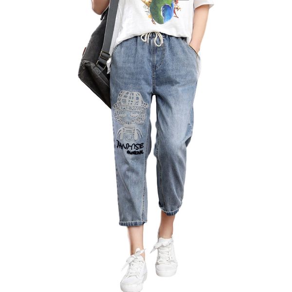

fashion style luxury ladies embroidered jeans from vintage elastic women denies cut down pants 41iz, Blue
