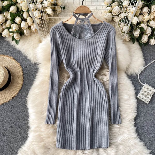 

2021 new female singapore knitted pencils dressed thin elastic jumper chic winter lace sweater dress xgjv, Black;gray
