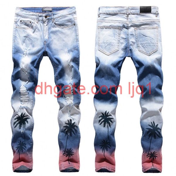 

mens jeans coconut palm printed colored ripped jeans slim fit holes distressed stretch denim pants trousers jeans, Blue