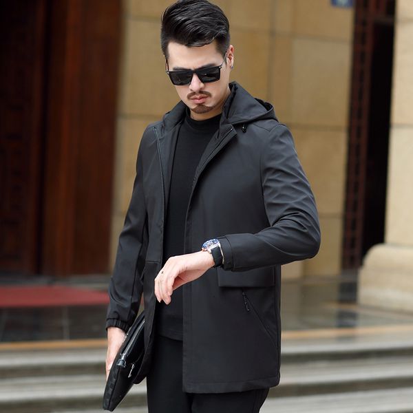 

spring and autumn new hooded windbreaker middle-aged business long men's casual father's jacket, Tan;black