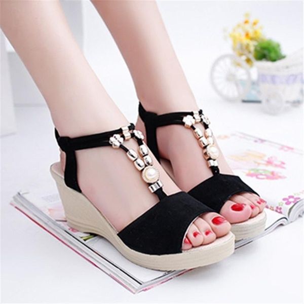 

new summer high-heeled wedge sandals female fish mouth beading shoes korean style women shoes1, Black