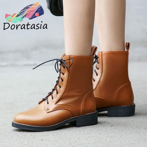 

boots doratasia female solid lace up round toe ankle women chunky leisure comfy spring autumn shoes woman1, Black