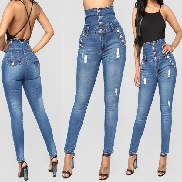 

2020 jeans waist multi button high elastic leggings female 8097, Blue