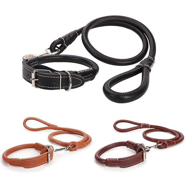 

dog collars & leashes comfortable classic pet collar durable quality leather weaving round belt leash supplies