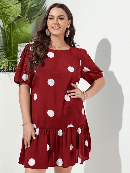 

plus polka dot ruffle hem smock dress g0ns#, Black