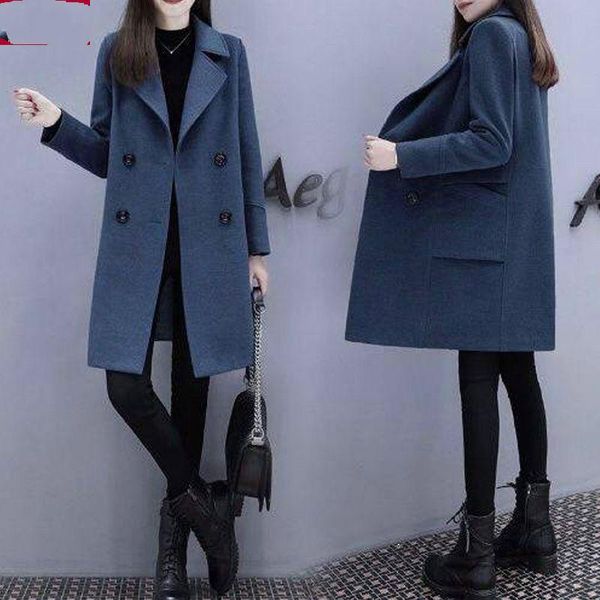 

2021 women autumn winter elegant wool jacket lady slim double breasted mid-long coat female casual loose oversize outerwear f267, Black