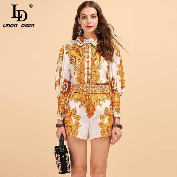 

ld linda della fashion runway autumn suit women's lantern sleeve printed shirt and vintage high waist shorts two pieces lady set1, White