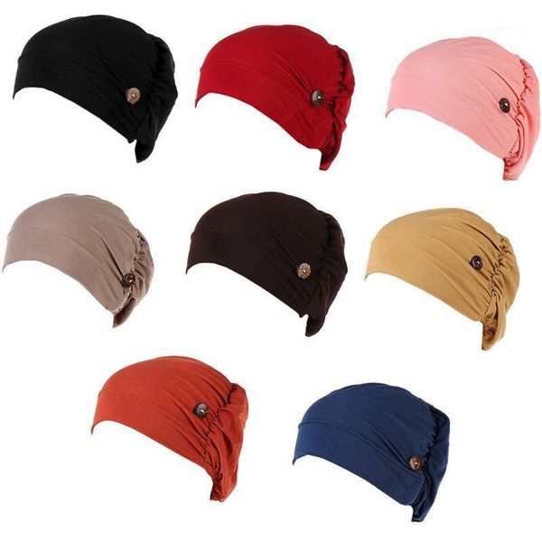 

Free shipping Women Muslim Turban Cap with Button Mask Holder Solid Color Cancer Chemo Hat1, Blue;gray