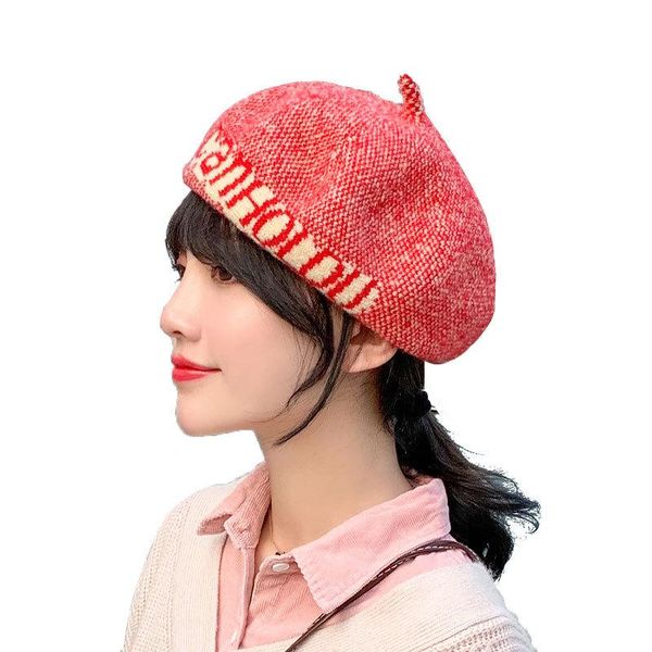 

berets beret women's autumn and winter korean version of the japanese wild letter wool british fashion hat tide yellow, Blue;gray