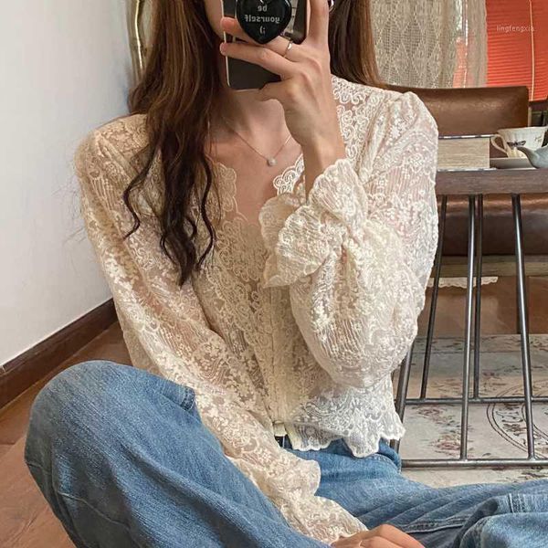 

hzirip women shirts 2020 autumn female lace single breasted cardigan hollow elegant casual all match office lady blouse1, White