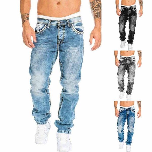 Jeans masculino 2021 moda outono solto cintura média bolso jeans reta casual lavado preto