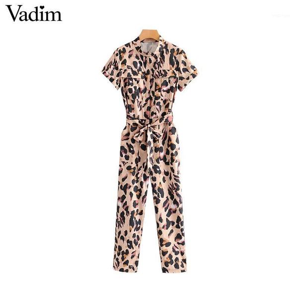 

vadim women leopard print jumpsuits short sleeve bow tie sashes animal pattern pockets rompers female chic long playsuits ka7931, Black;white