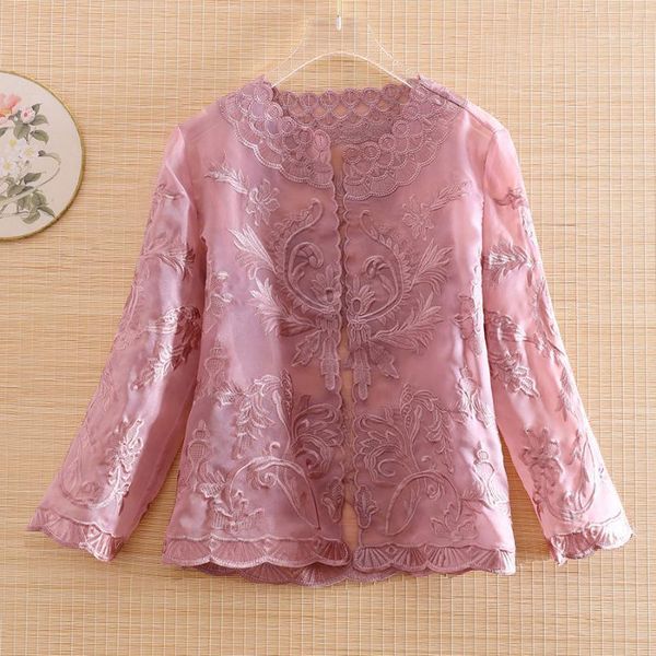 

women organza jacket chinese style royal embroidery folral loose autumn elegant lady coat o-neck retro coat female s-xxl1, Red