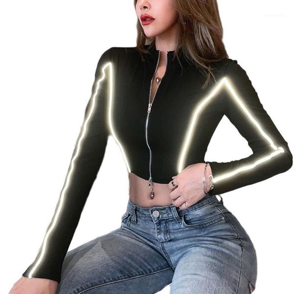 

women's jackets women fashion clothing crop reflective double zipper long sleeve balck slim coat short jacket sport shirts1, Black;brown