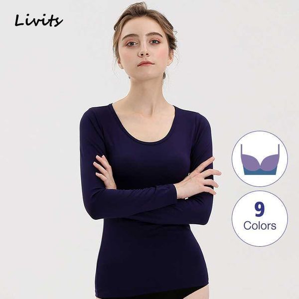 

women's female t-shirts tshirts modal built-in bra padded round neck long sleeve plain elasticity plus size sa00671, White