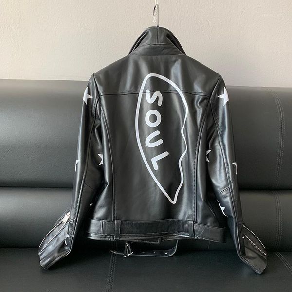 

women's leather & faux womens genuine jacket coat ladies real sheepskin luxury korean designer motor biker outerwear plus size1, Black