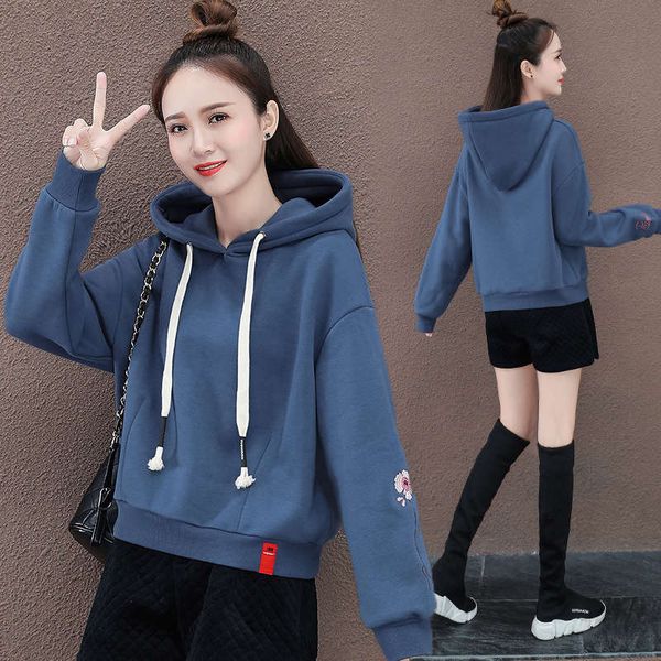

thickened plush hooded sweater women's autumn winter 2020 new korean loose and versatile lazy foreign style jacket, Black