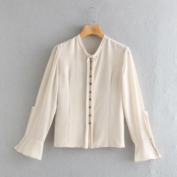 

women o-neck single breasted chiffon shirts femme nine quarter sleeve blouse casual lady loose smock blusas s7872, White