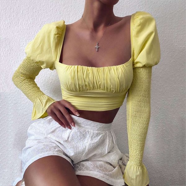 

square new women's fashion autumn 2020 collar pleated bubble sleeve open navel short t-shirt for women, Black;gray