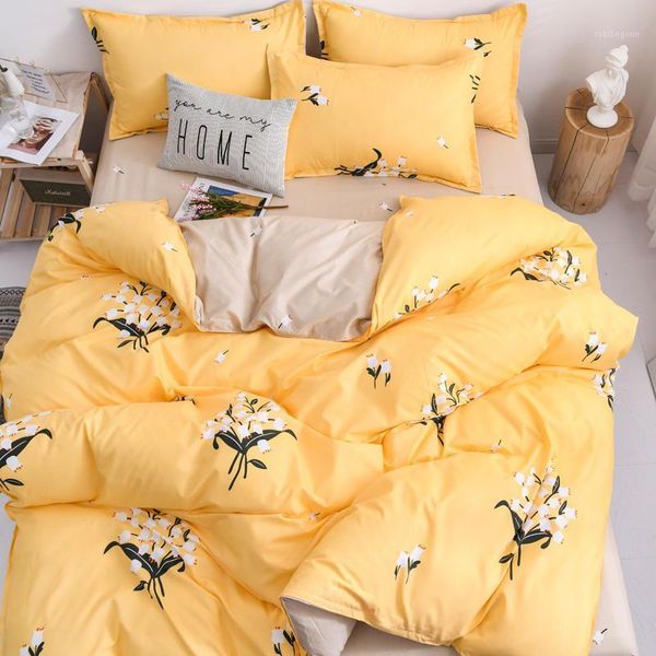 

bedding sets yellow color bed sheet set heart pattern printed  king size linen single duvet cover pillowcase1