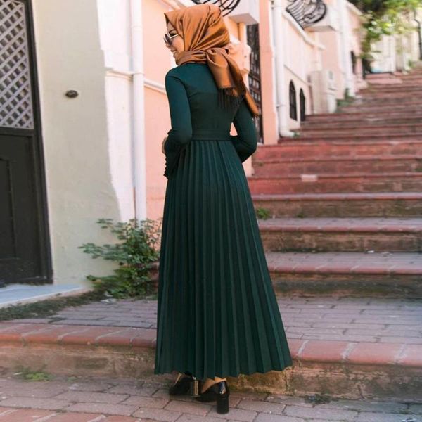 

pleated maxi dress solid color long flare sleeves long knitting cotton dress women muslim elegant modest wear turkey eid1, Red