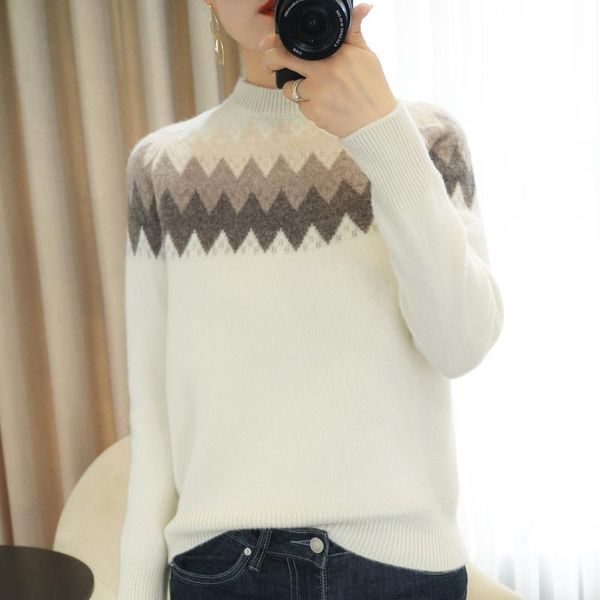 

2021 new cashmere sweater women's high-neck color matching 100% pure wool pullover fashion plus size warm knitted bottoming shir, White;black