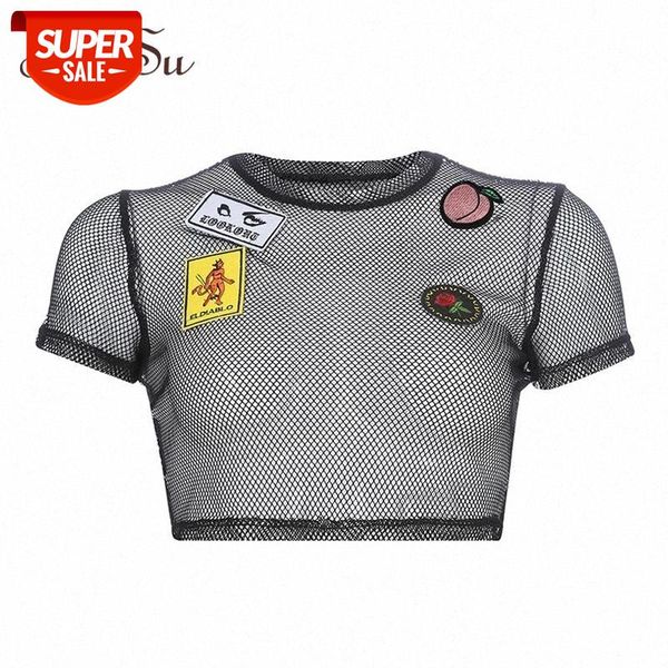 

artsu summer fishnet mesh woman tshirt crop short sleeve transparent ladies t shirt black harajuku beach asts20872 #k29p, White