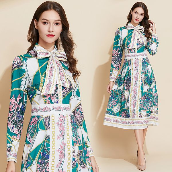 

womens runway vintage midi designer in long sleeves printed floral thin casual holiday swing line skater dressed hszm, Black;gray