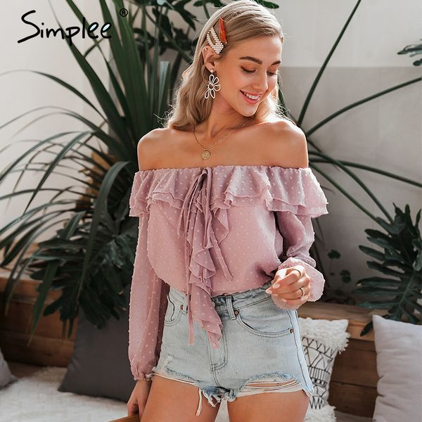 

simplee off shoulder ruffle women blouse elegant pink ladies chic spring summer holiday casual long sleeve dot blouses lj200811, White