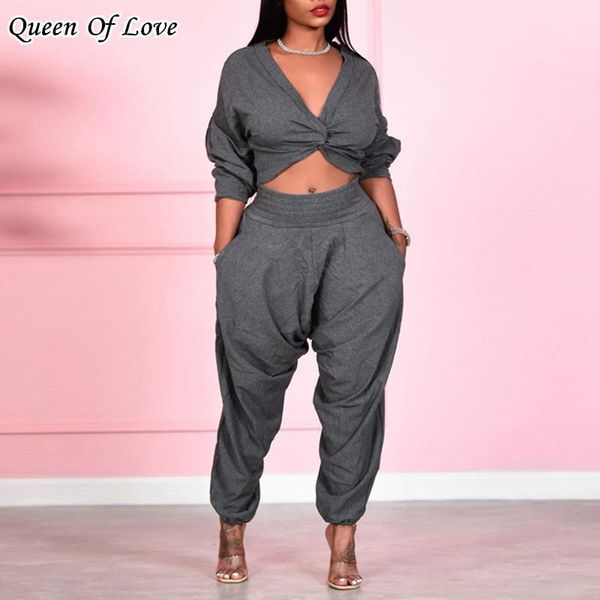 

black people streetwear hip hop pants outfits casual 2 piece women v-neck batwing sleeve crop pant matching set, Gray