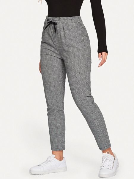 

glen plaid drawstring ankle cut pants n9qm#, Black;white