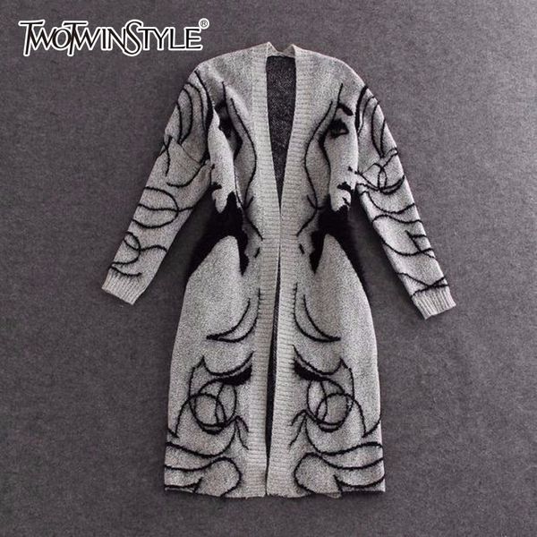 

twotwinstyle knitted long sweater trench coat women autumn winter big size cardigan batwing sleeve female jumper cardigan 201128, White;black