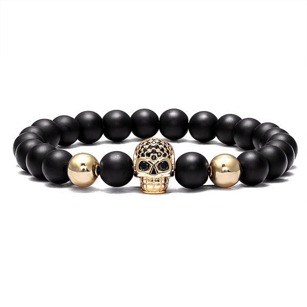 

cz micro pave skull charm bracelet 8mm natural stone beads strands jewelry for man gift, Golden;silver
