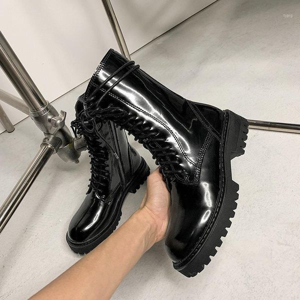 

boots 2021 retro patent leather women ankle short party night club motorcycle ladies shoes woman size 41 42 431, Black