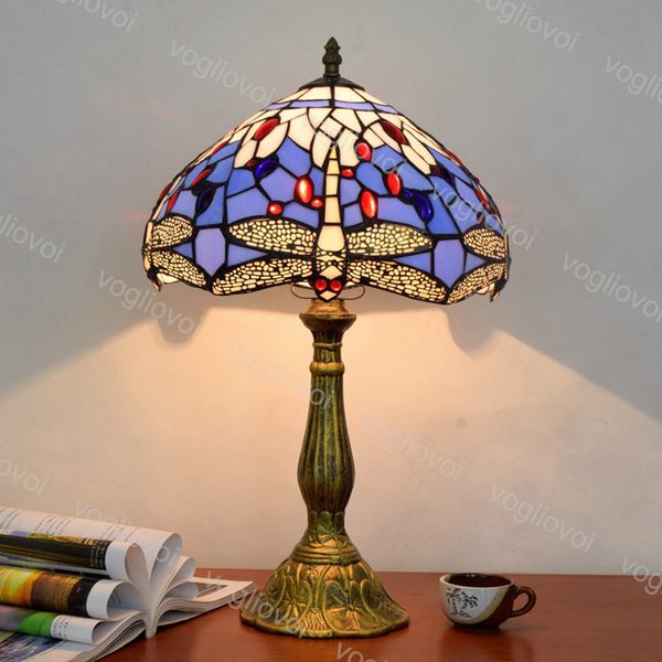 

table lamp dia 30cm european retro stained glass aluminum alloy mediterranean blue dragonfly e27 for livingroom diningroom bedroom bar dhl
