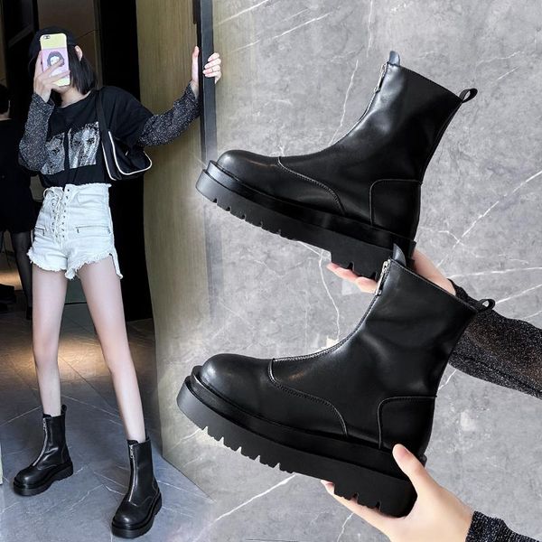 

white mid-calf boots brand women's shoes zipper booties woman 2020 low heel round toe short fashion rubber mid calf autumn, Black