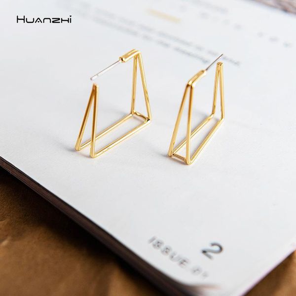 

stud huanzhi 2021 metal geometric irregular line earrings double layer hollow out punk for women girls party jewelry gifts1, Golden;silver