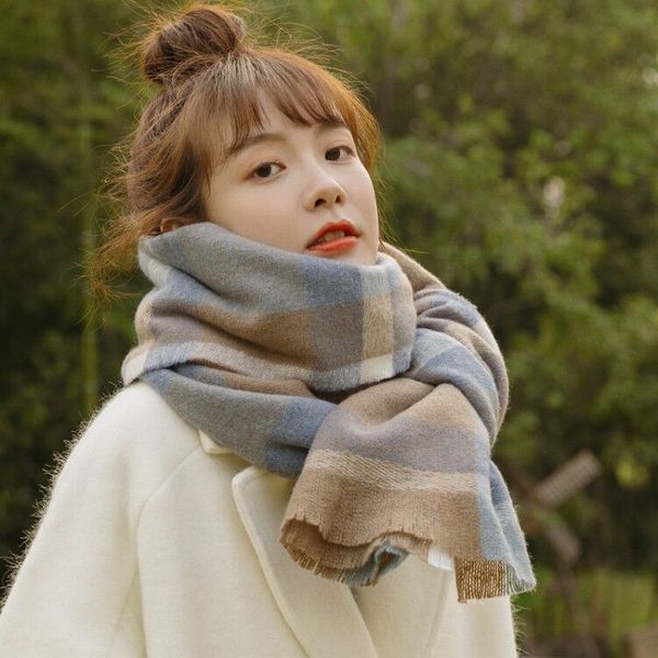 

versatile korean version of autumn winter girl students' imitation cashmere scarf with thick and warm british double side plaid, Blue;gray