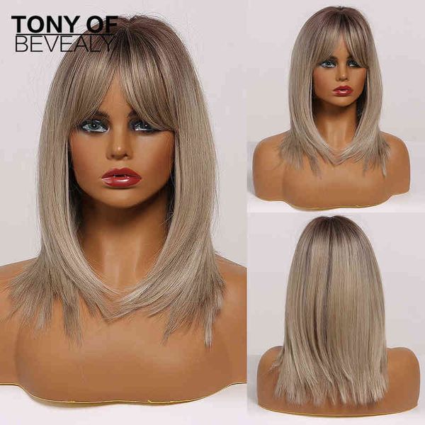 Волосы средней длины ombre Brown до блондинка прямых волос парики с челкой синтетические для женщин косплей теплостойкий натуральный 0121