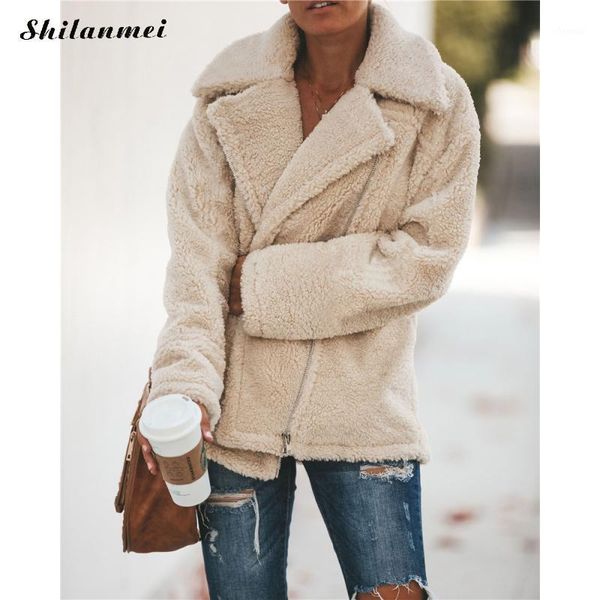 

2020 streetwear lapel winter fur coat fleece faux fur coats women zipper jacket women autumn winter casual teddy outerwear1, Black