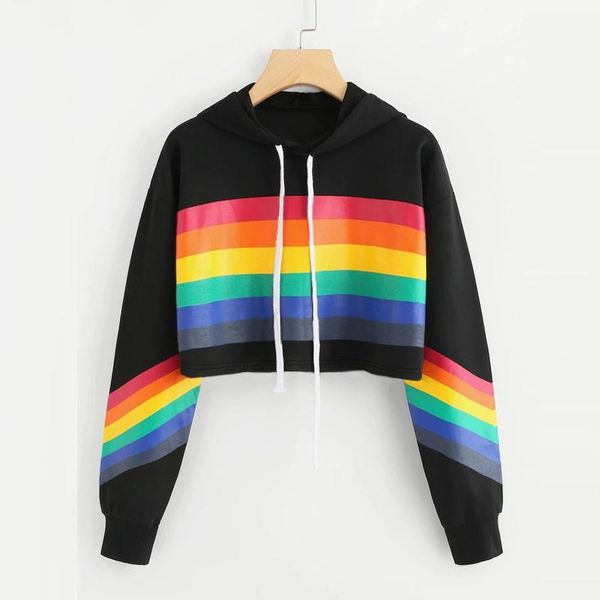 

women's long sleeve hoodie rainbow sweater ladies stripe short hooded drawstring sweatshirt blouse loose casual pullover femme, Black