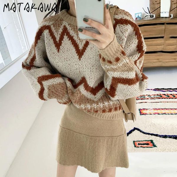 

women's sweaters matakawa autumn and winter retro round neck pullover loose jacquard sweater lantern sleeve woman korean, White;black